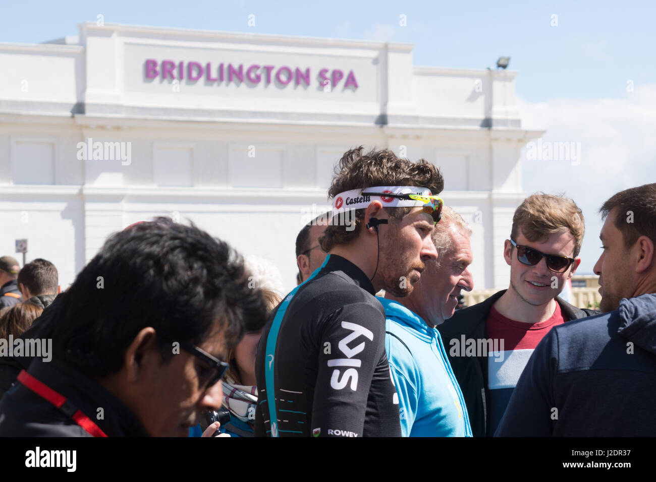 Bridlington, UK. 28th Apr, 2017. In front of the Bridlington Spa, Team Sky rider chats to the public. Dibben Credit: Richard Smith/Alamy Live News Stock Photo