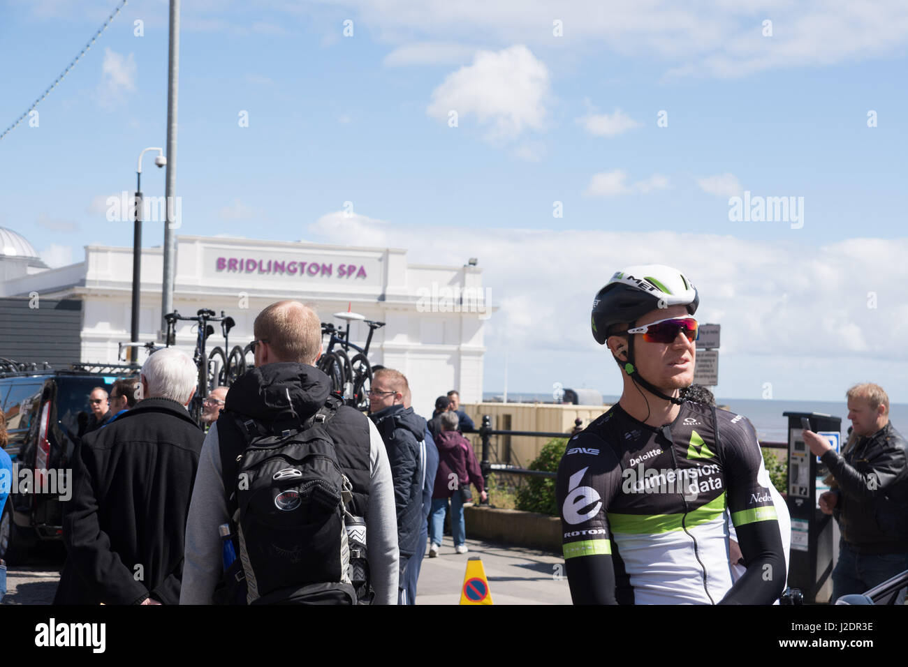 Bridlington, UK. 28th Apr, 2017. The cycle Teams get ready in front of the Bridlington Spa Credit: Richard Smith/Alamy Live News Stock Photo