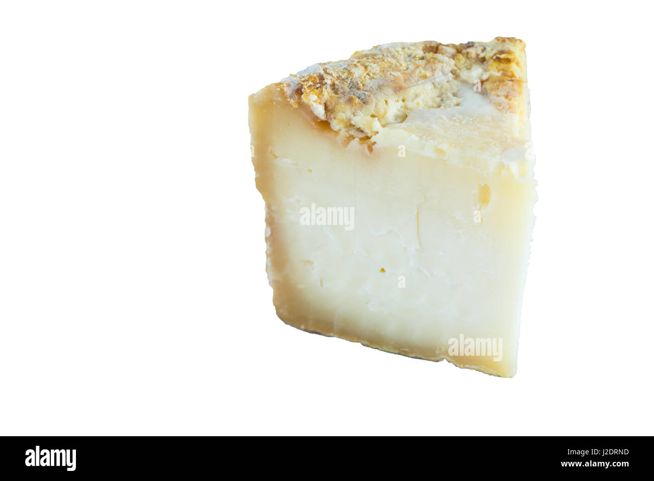 Slice of hard cheese, goat's milk., frost crust, treatment through special mold of the genus Penicillium, such as Penicillium camemberti. Typical soft Stock Photo