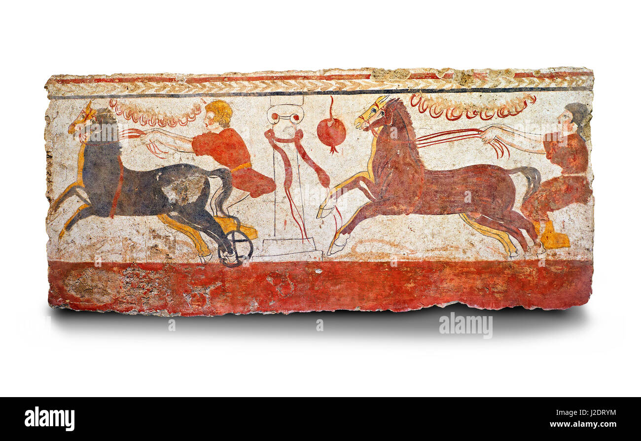 Lucanian fresco tomb painting of a chariot race . Paestum, Andriuolo. 3rd  Century BC. Paestum Museum, Italy Stock Photo - Alamy