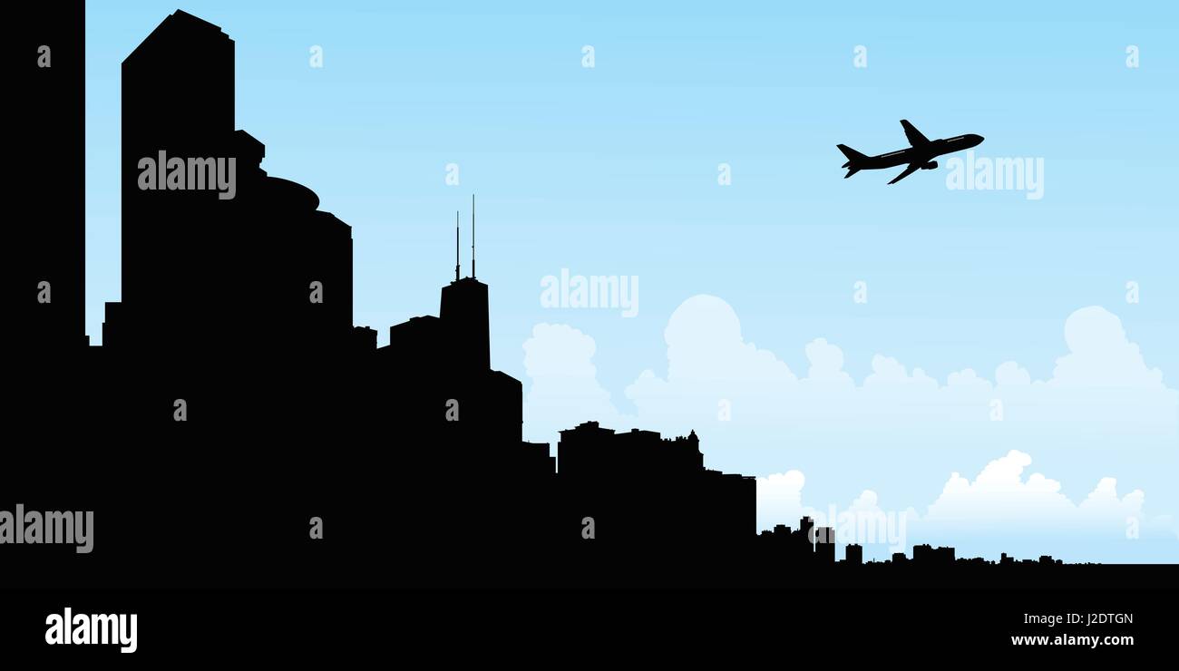Passenger jet departs from skyline silhouette of the city of Chicago, Illinois, USA. Stock Vector