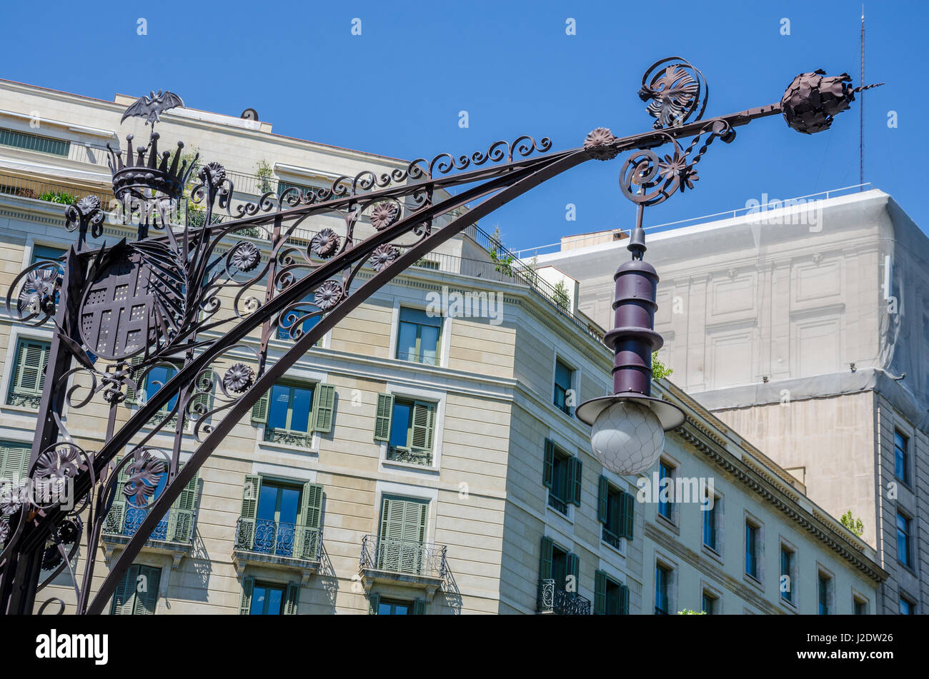 An ornate street light on a street in Barcelona. Stock Photo
