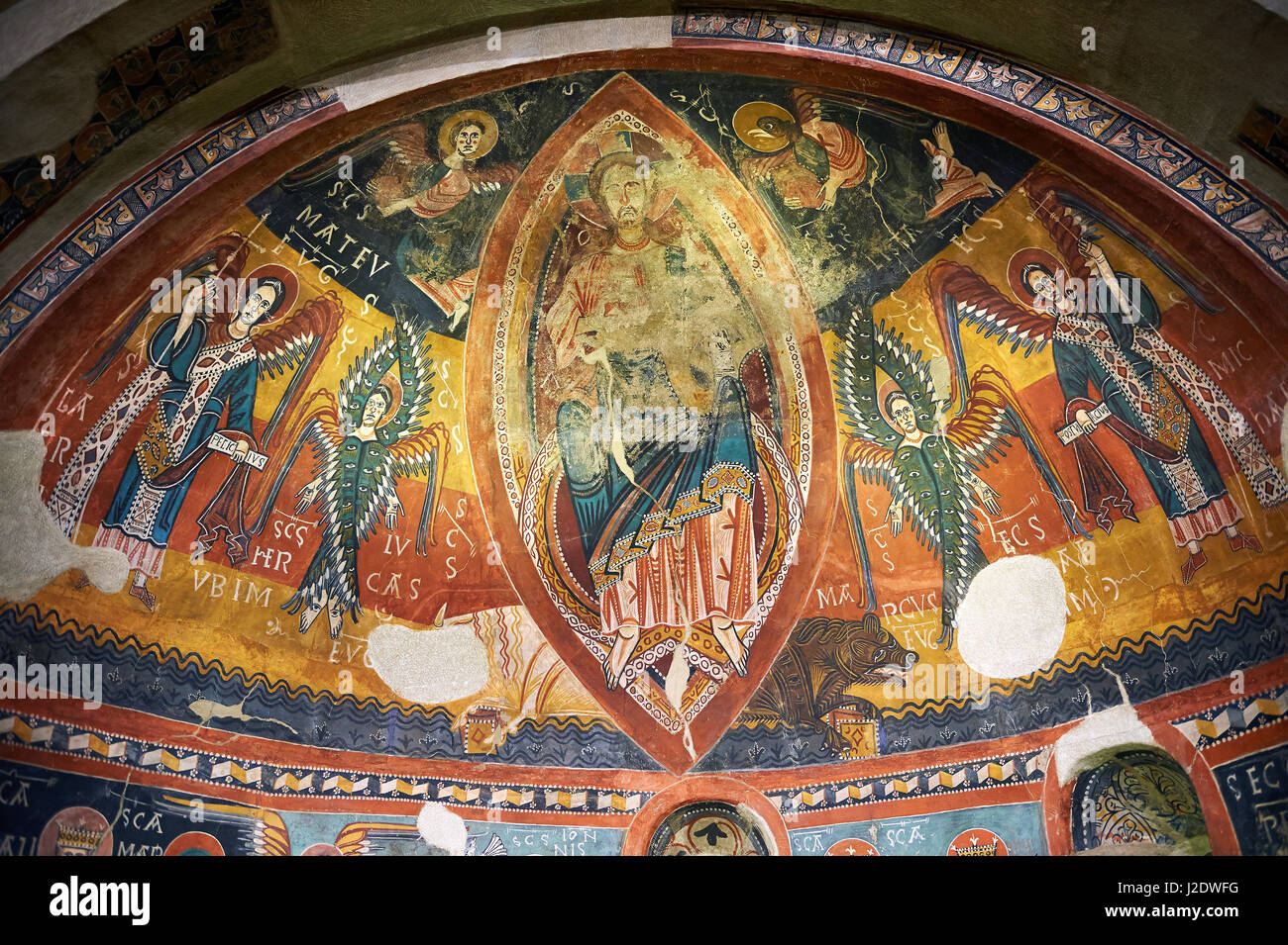 Twelfth century Romanesque frescoes of the Apse of Estaon depicting Christ Pantocrator ( In Majesty) surrounded by Byzantine style angels, from the ch Stock Photo