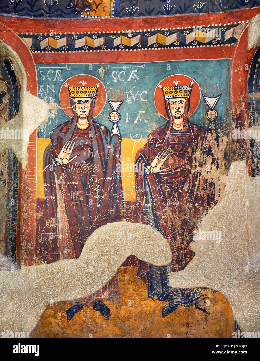 Twelfth Century Romanesque frescoes of the Apse d’Estaon. The church of Santa Eulalia d’Estaon, Vall de Cardos, Pollars Sobira, Spain. National Art Mu Stock Photo