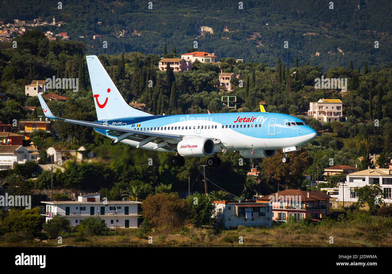 Corfu, Greece August 18, 2015 Jetairfly Boeing 737800 landing on