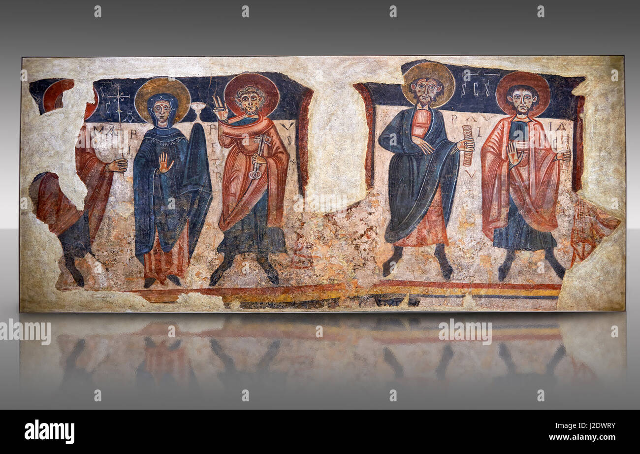 Romanesque frescoes of the Apostles from the church of Sant Roma de les Bons, painted around 1164, Encamp, Andorra. National Art Museum of Catalonia,  Stock Photo