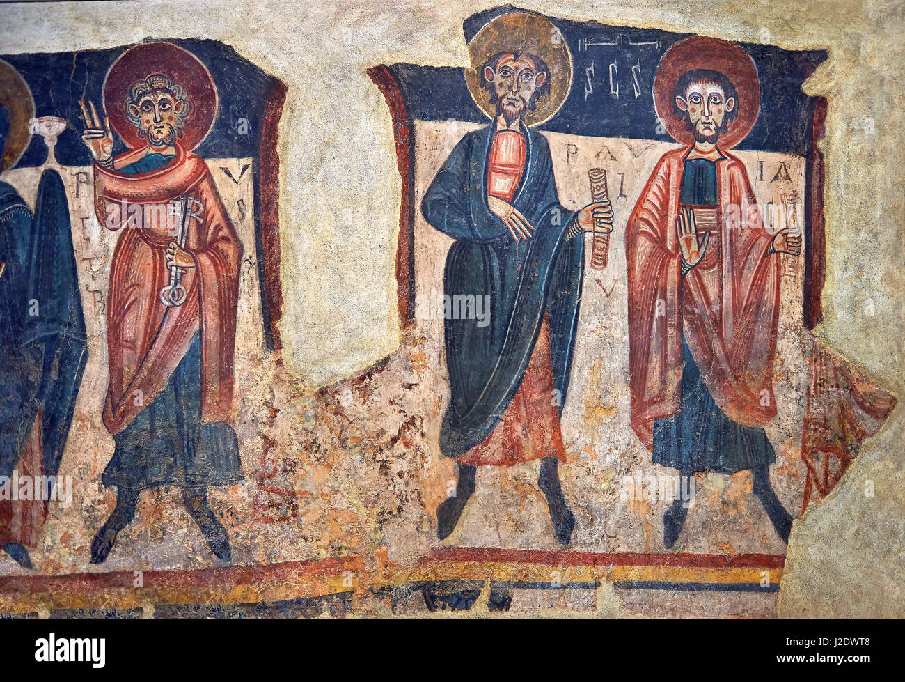 Romanesque frescoes of the Apostles from the church of Sant Roma de les Bons, painted around 1164, Encamp, Andorra. National Art Museum of Catalonia,  Stock Photo