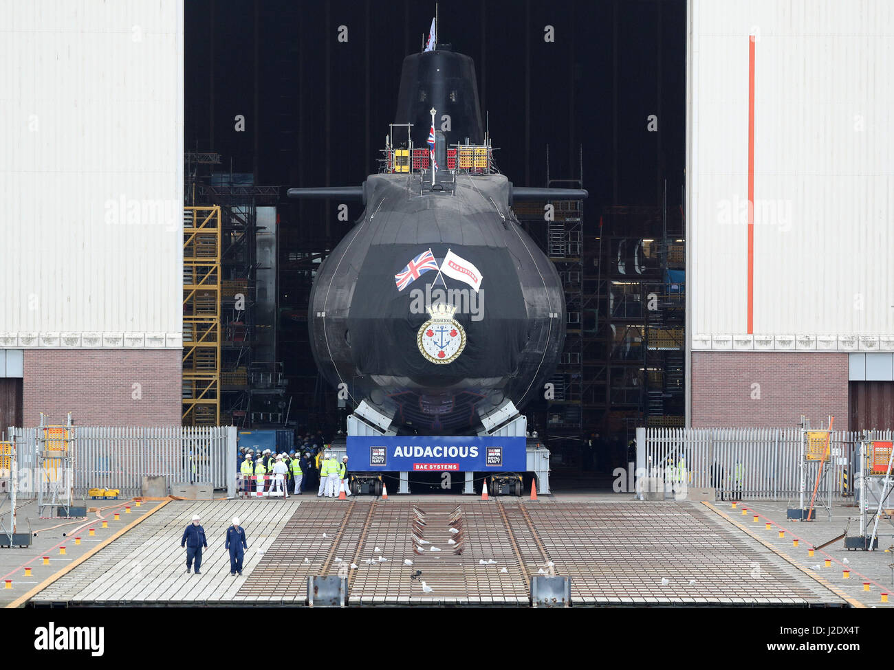 HMS Audacious is taken out of it's indoor ship building complex at BAE Systems, Burrow-in-Furness. Stock Photo