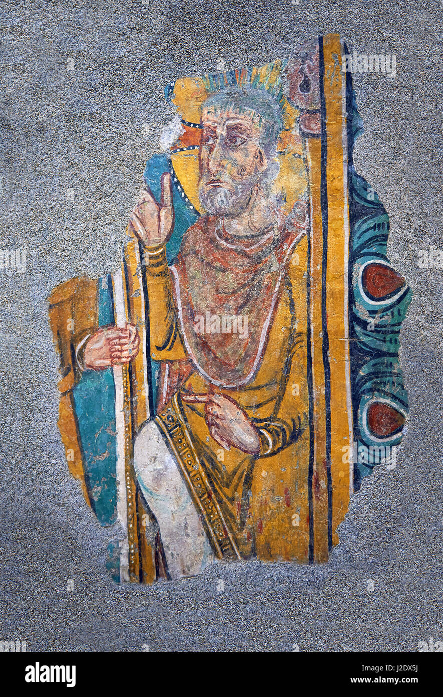 Romanesque frescoes of St. Steven of Andorra (Sant Esteve) from the church of Sant Esteve d’Andorra, painted around 1200-1210,  Andorra la Vella. Nati Stock Photo