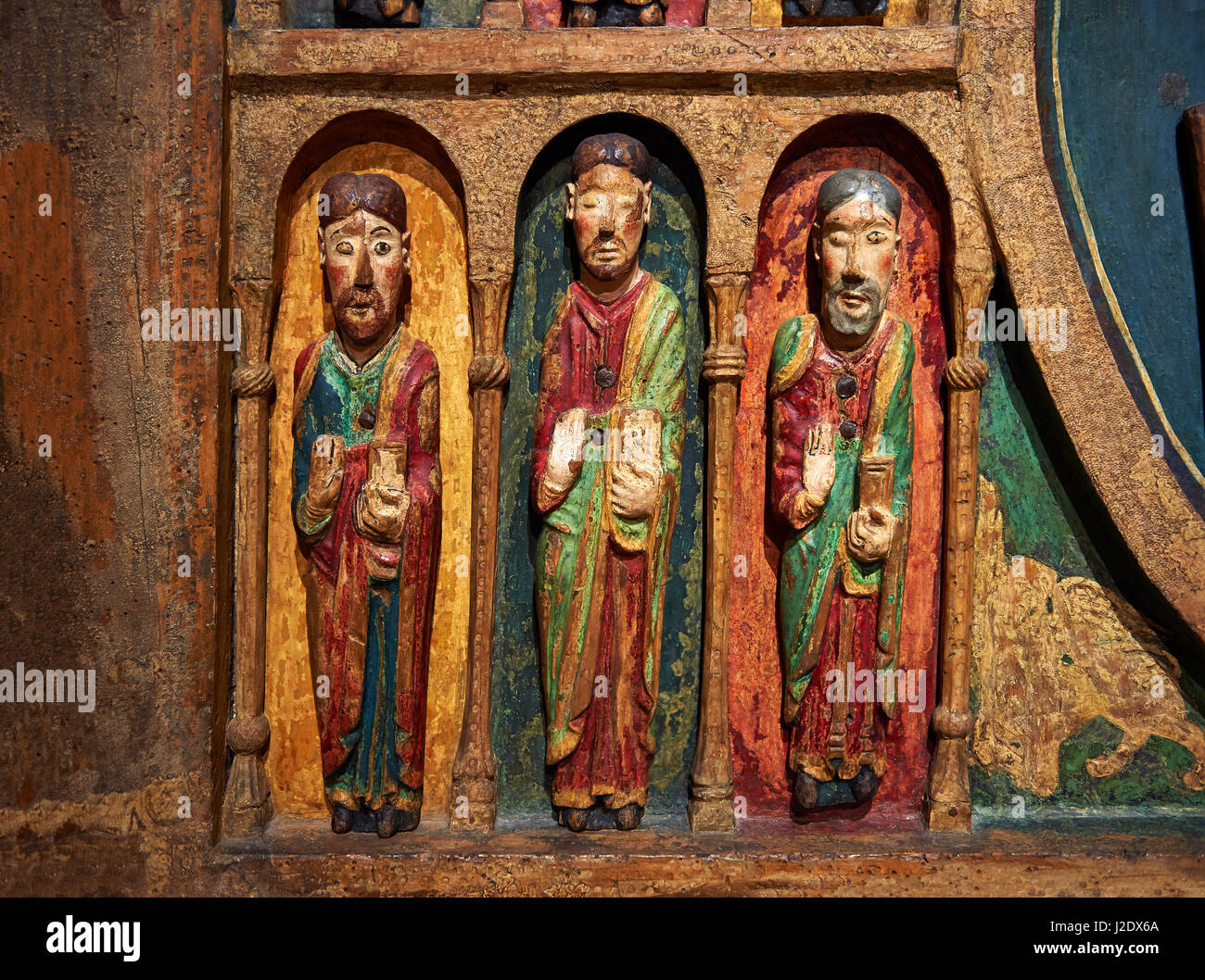 Thirteenth century Romanesque carved and painted altar depicting the Apostles from St. Maria de Taull, Vall de Boi, High Ribagorca, Spain.  National A Stock Photo