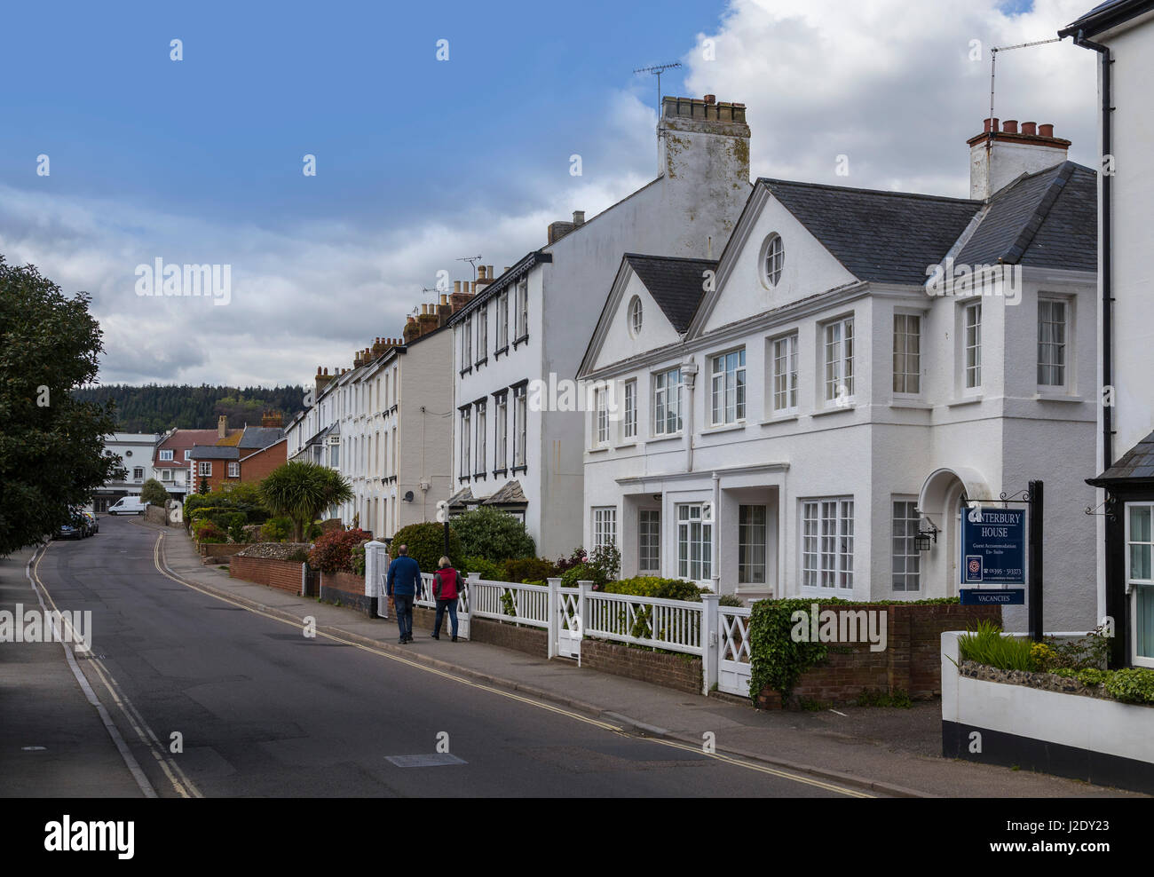 View along Road in Sidmouth town centre, including the houses