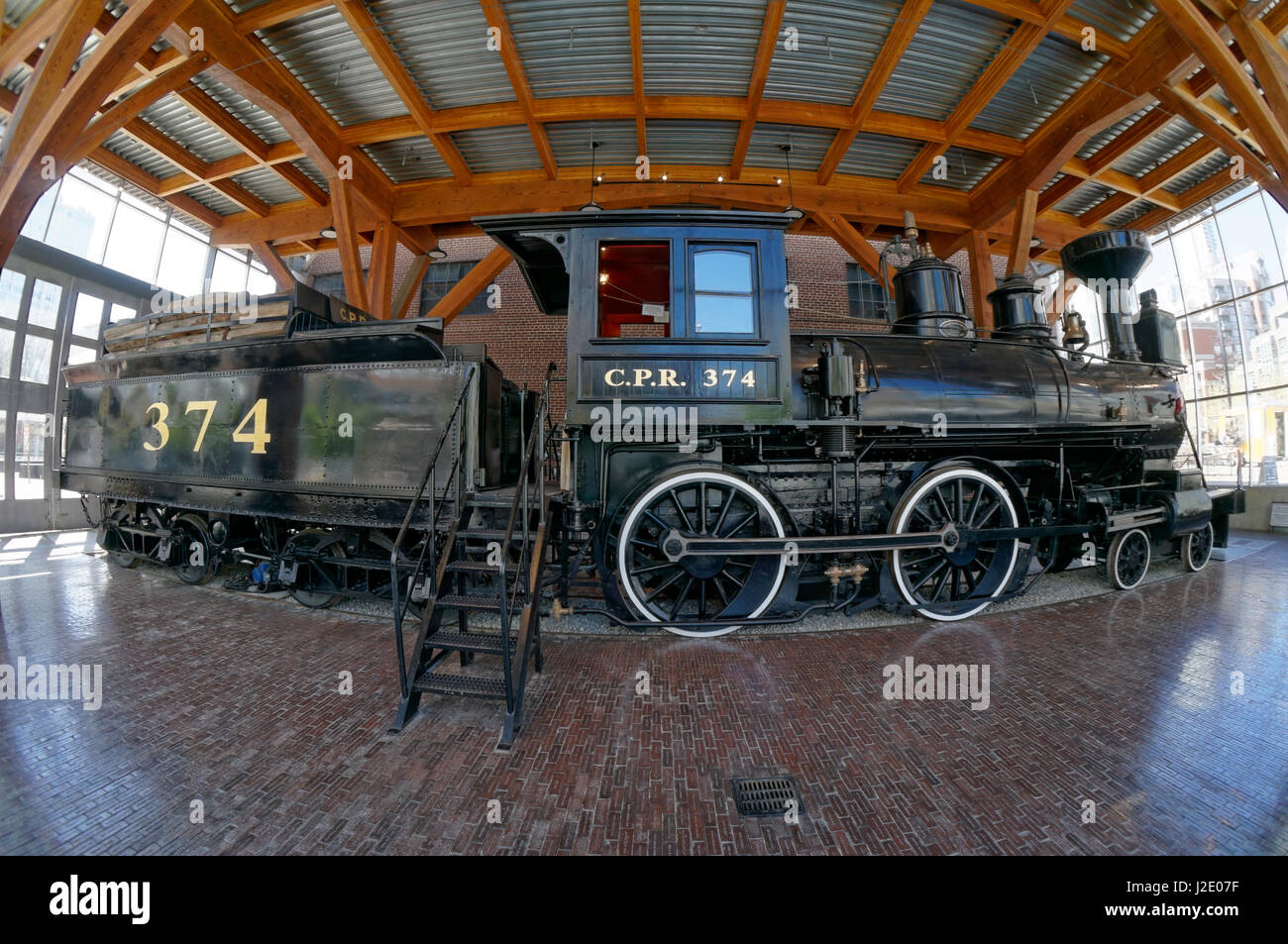Fisheye view of the restored CPR Engine 374 at the Roundhouse in Yaletown, Vancouver, British Columbia, Canada. Stock Photo
