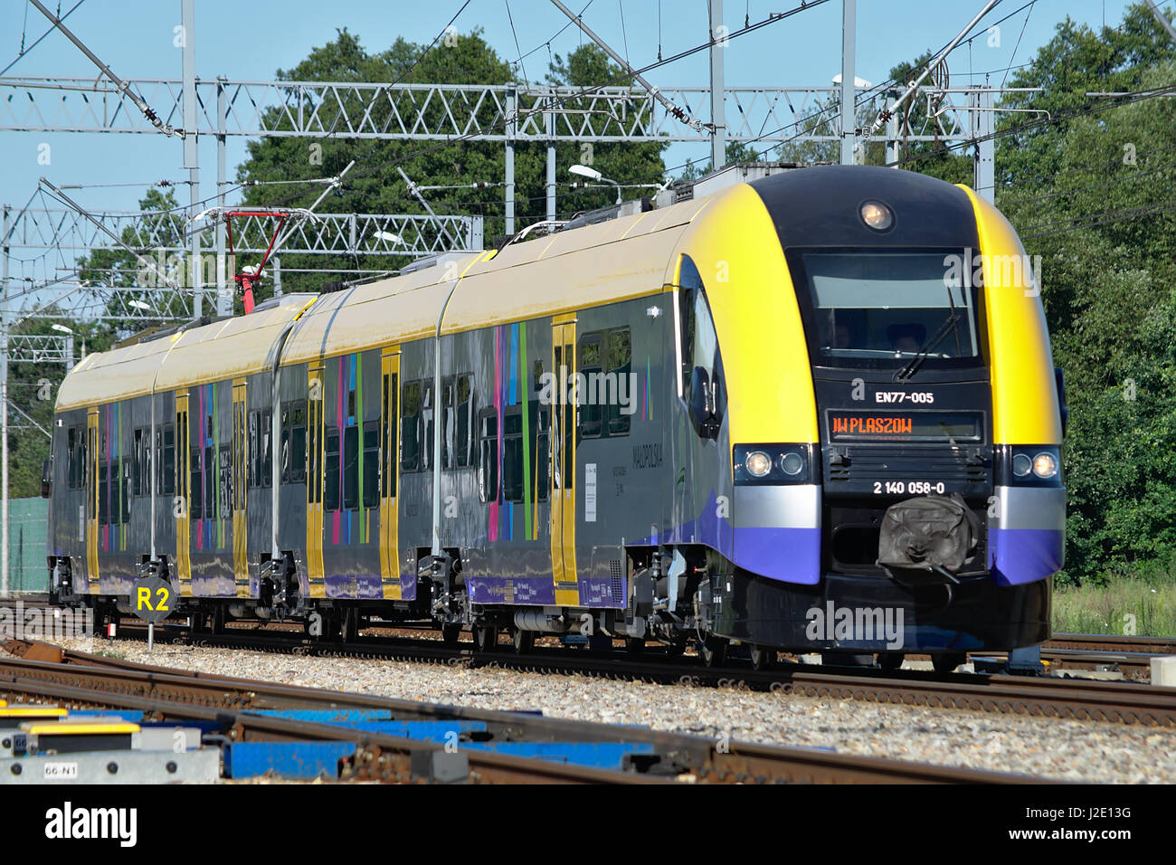 Grodzisk Mazowiecki, POLAND - July 21, 2016: Pesa Acatus EN77 polish regional train. Stock Photo