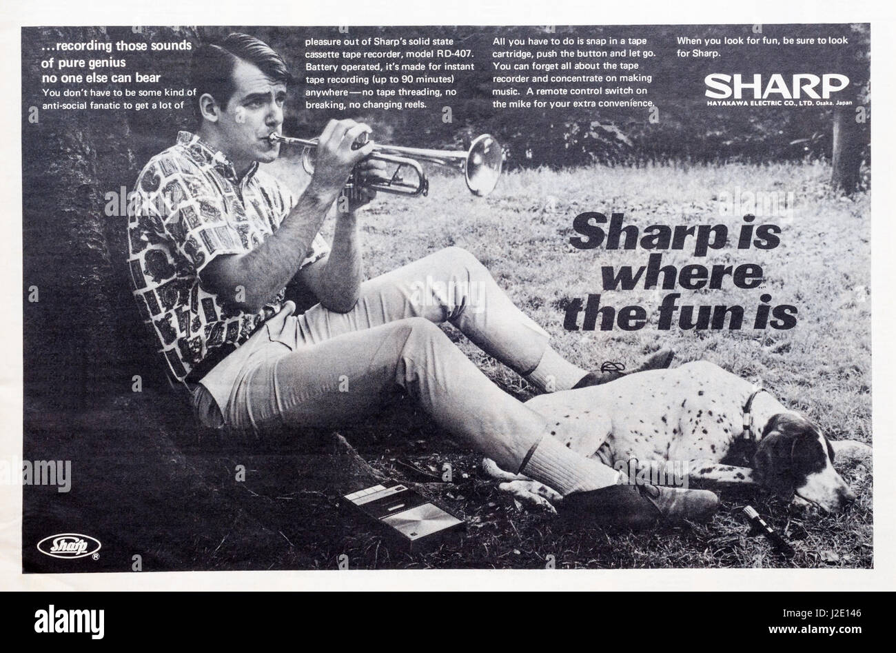 A 1960s magazine advert advertising Sharp cassette tape recorders. Stock Photo