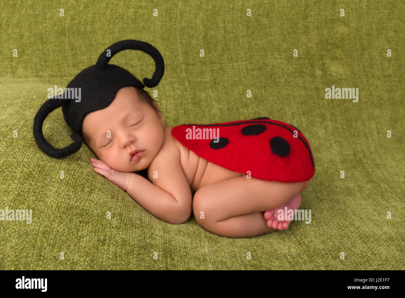 Adorable African newborn baby of 7 days old sleeping on a green blanket Stock Photo