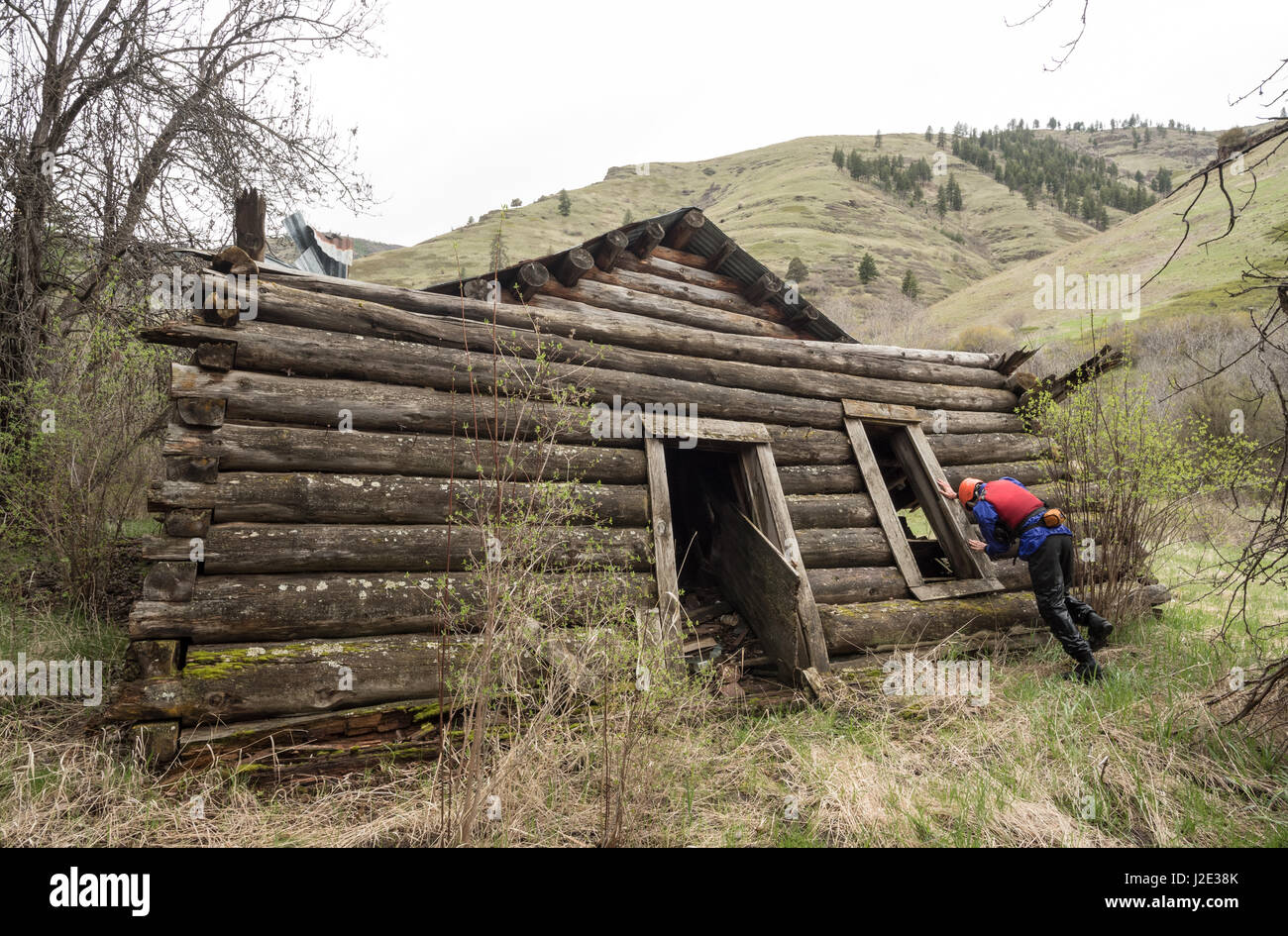 Kayaker Pretending To Be Pushing An Old Log Cabin Over Joseph
