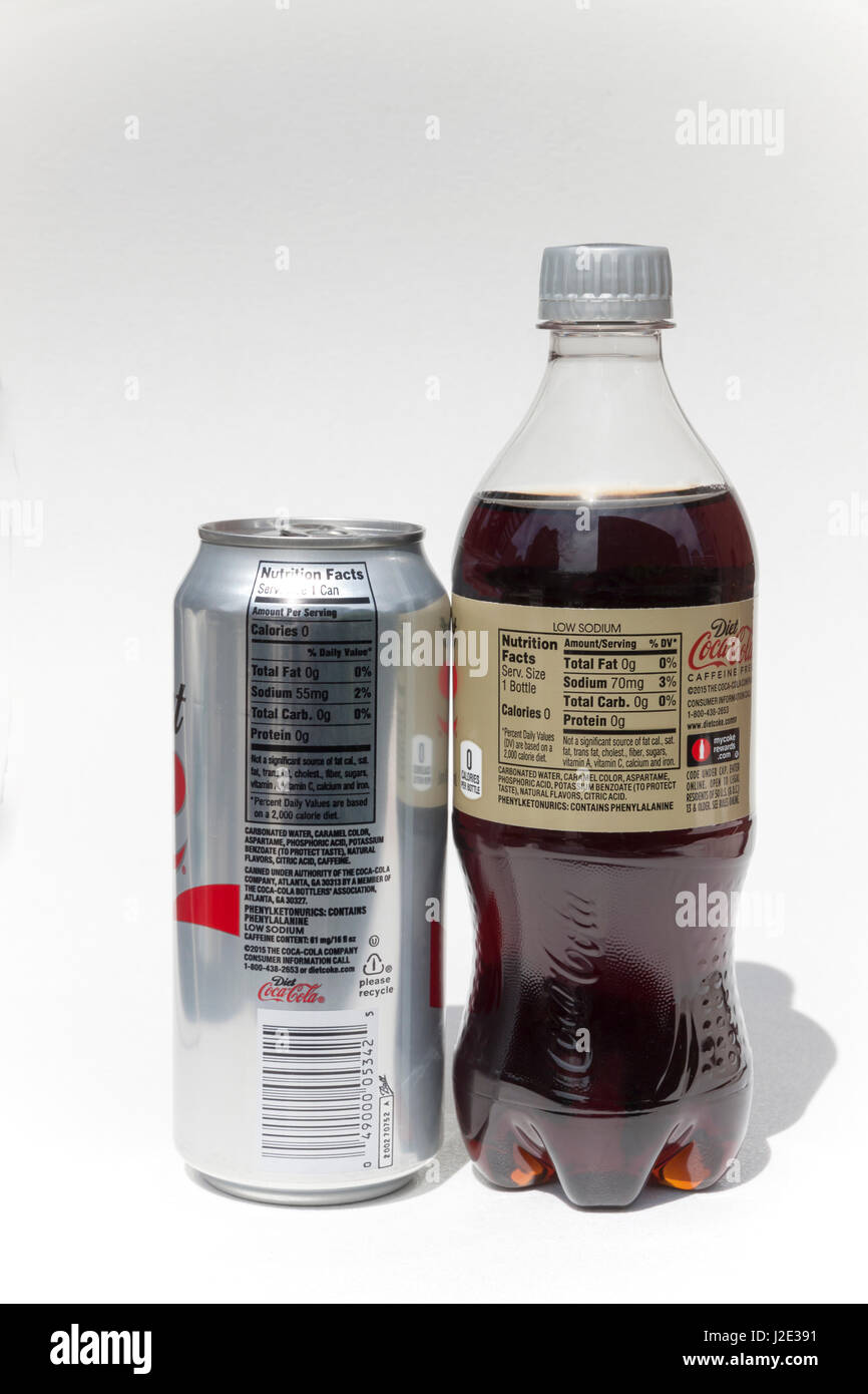 Can and bottle of Diet Coke showing ingredients including the controversial phenylalanine and aspartame. Stock Photo