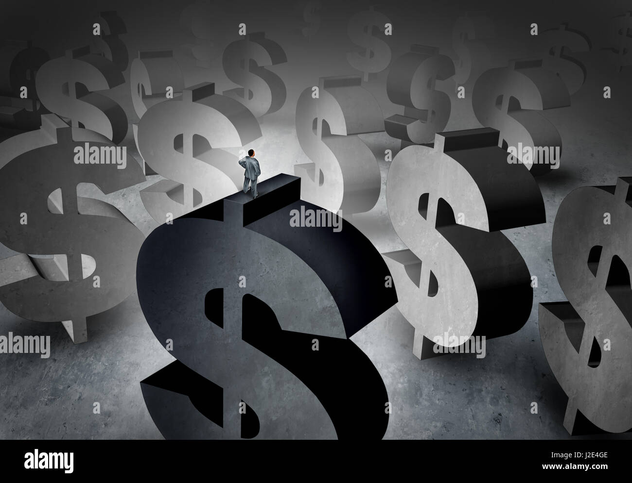 Wealth planning concept and money management symbol as a person standing on dollar signs looking at a background of future profit. Stock Photo