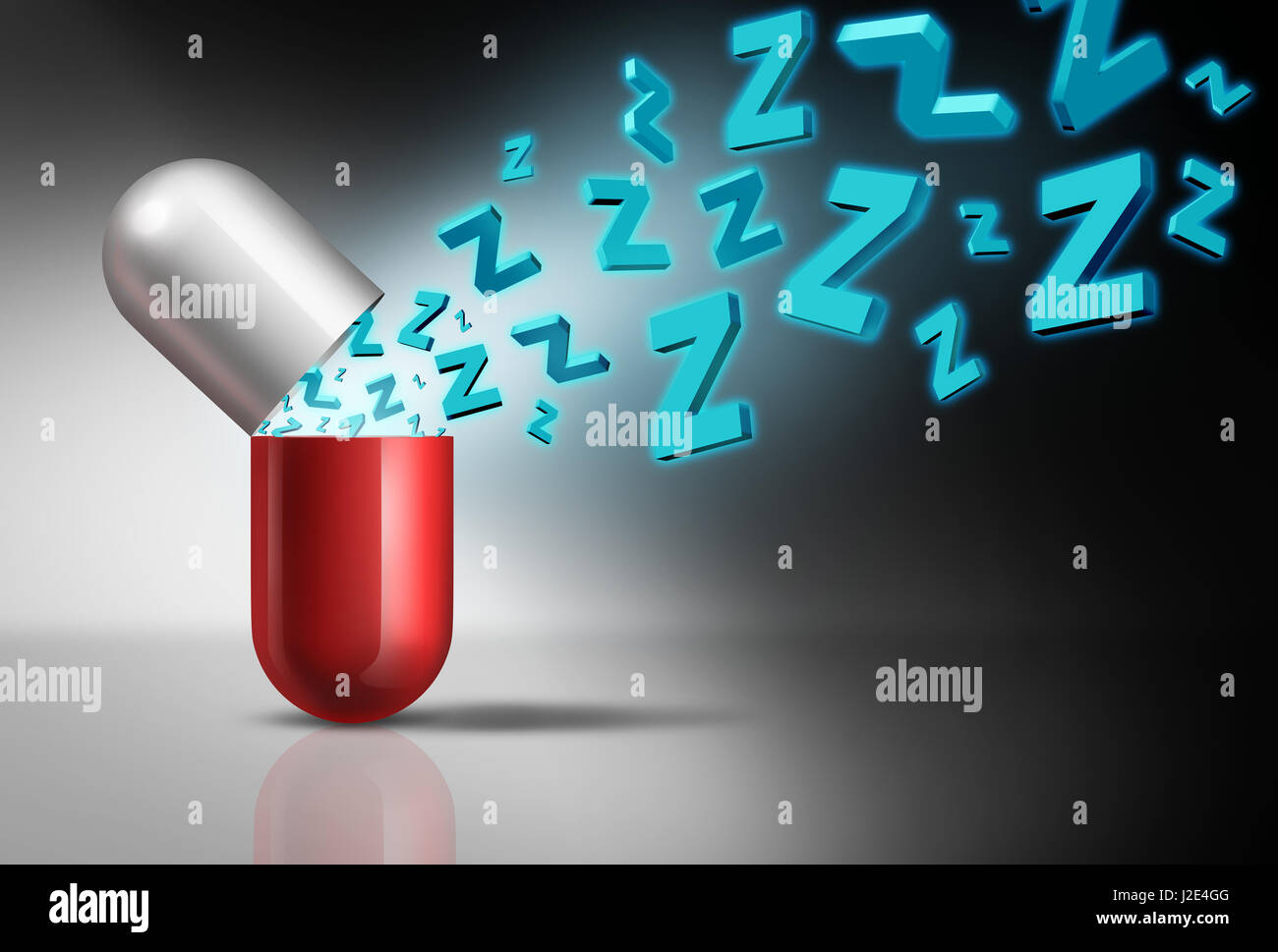 Sleeping pill symbol and insomnia medicine concept as a pharmaceutical sleep prescription medication with the letter z emerging as a sleeping aid. Stock Photo