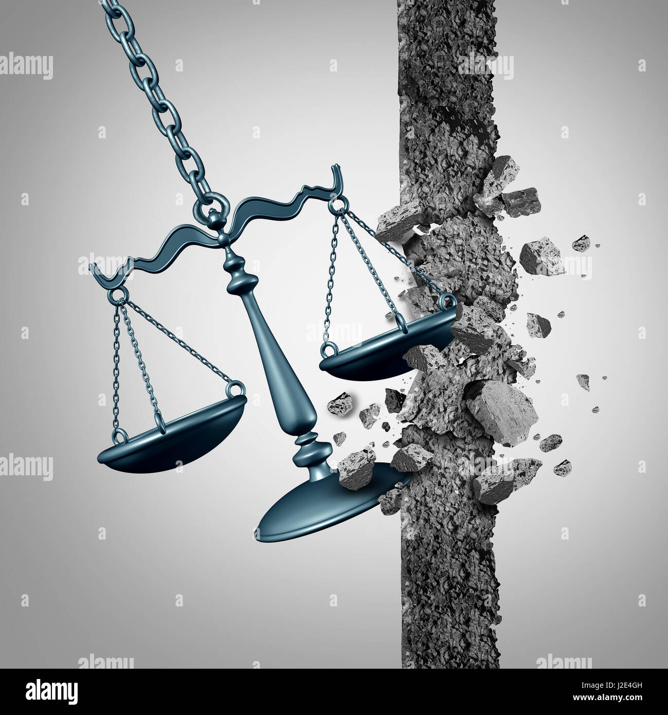 Breaking legal ground and lawyer services success symbol as a justice scale destroying a wall as a wrecking ball with 3D illustration elements. Stock Photo