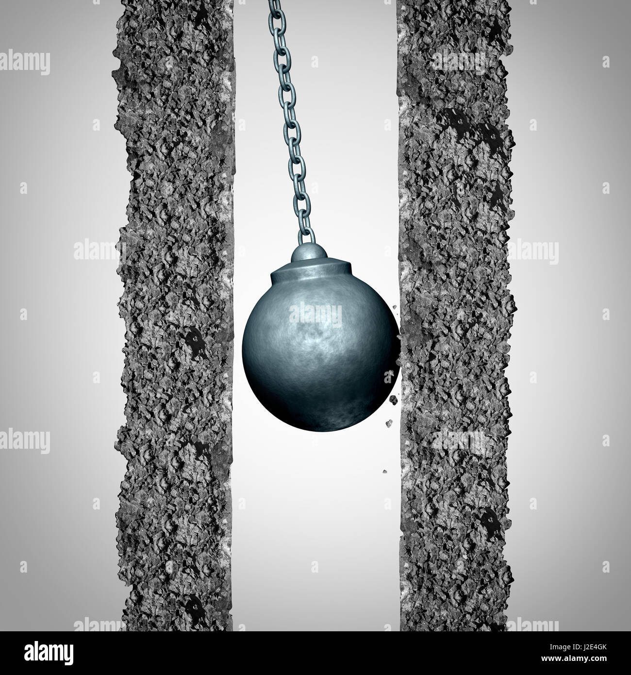 Momentum problem and limited opportunity concept as a wrecking ball limited by an inability to gather velocity due to being boxed in. Stock Photo