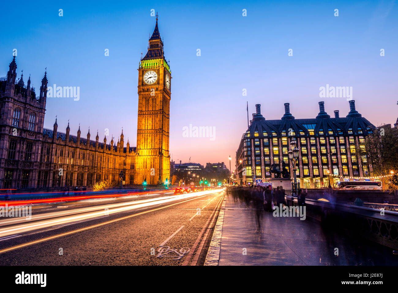 Light trails in front of Big Ben, dusk, evening light, sunset, Houses of Parliament, Westminster Bridge, City of Westminster Stock Photo