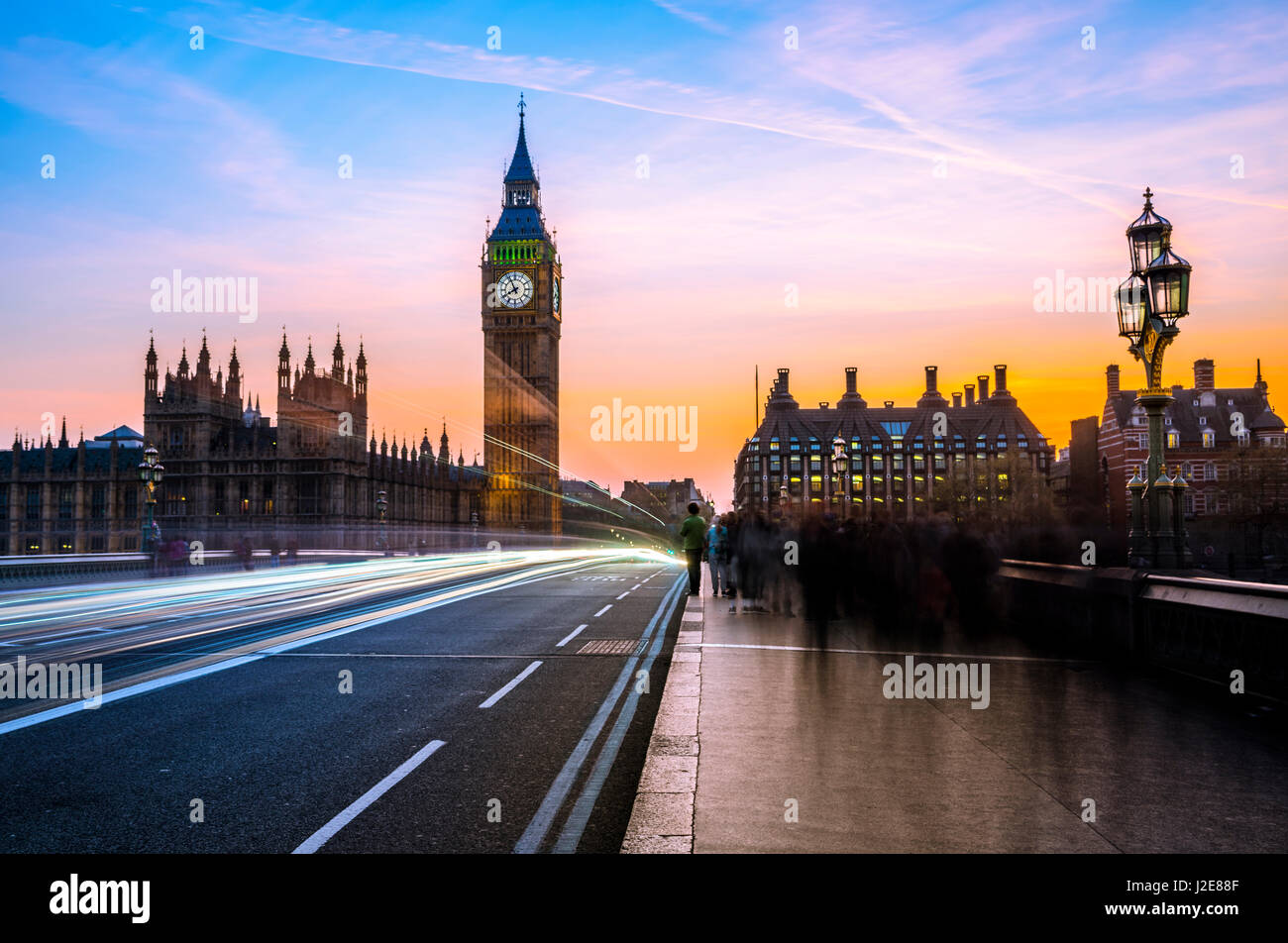 Light trails in front of Big Ben, dusk, evening light, sunset, Houses of Parliament, Westminster Bridge, City of Westminster Stock Photo