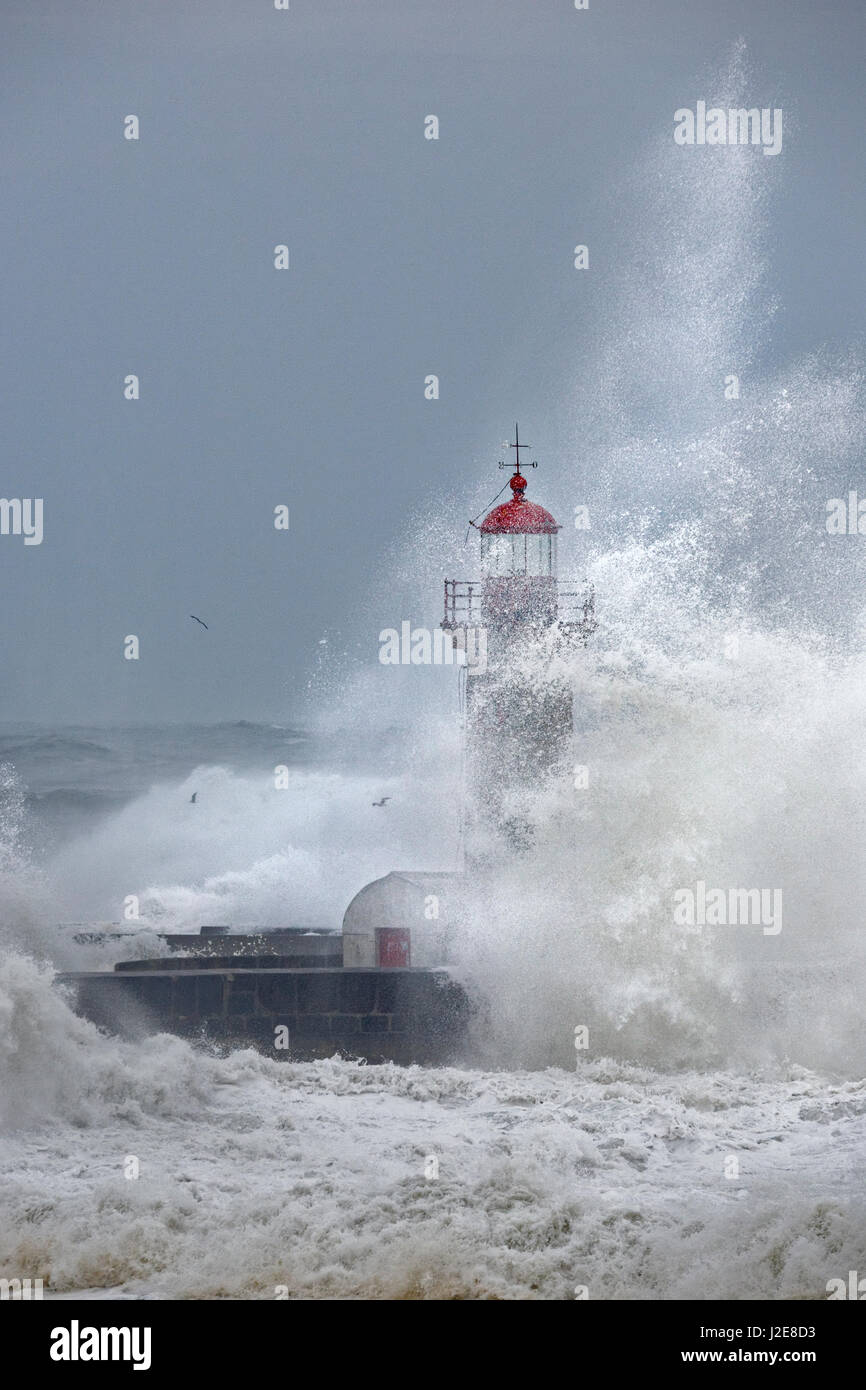 High waves, splashing spray, lighthouse during storm, Porto, Portugal Stock Photo
