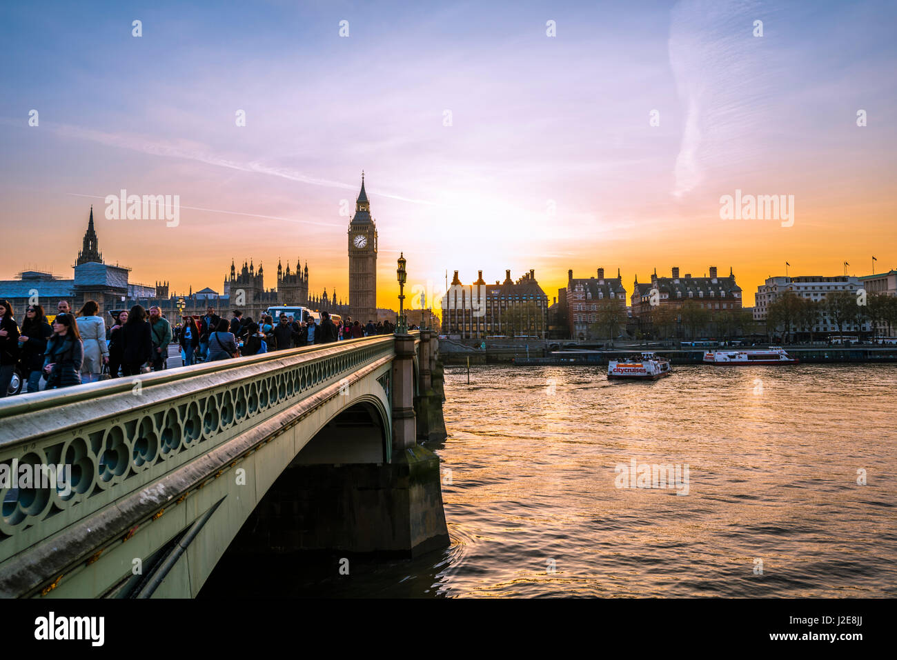 Big Ben, dusk, evening light, sunset, Houses of Parliament, Westminster Bridge, Thames, City of Westminster, London Stock Photo