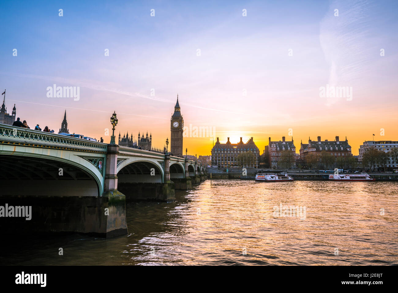 Big Ben, dusk, evening light, sunset, Houses of Parliament, Westminster Bridge, Thames, City of Westminster, London Stock Photo