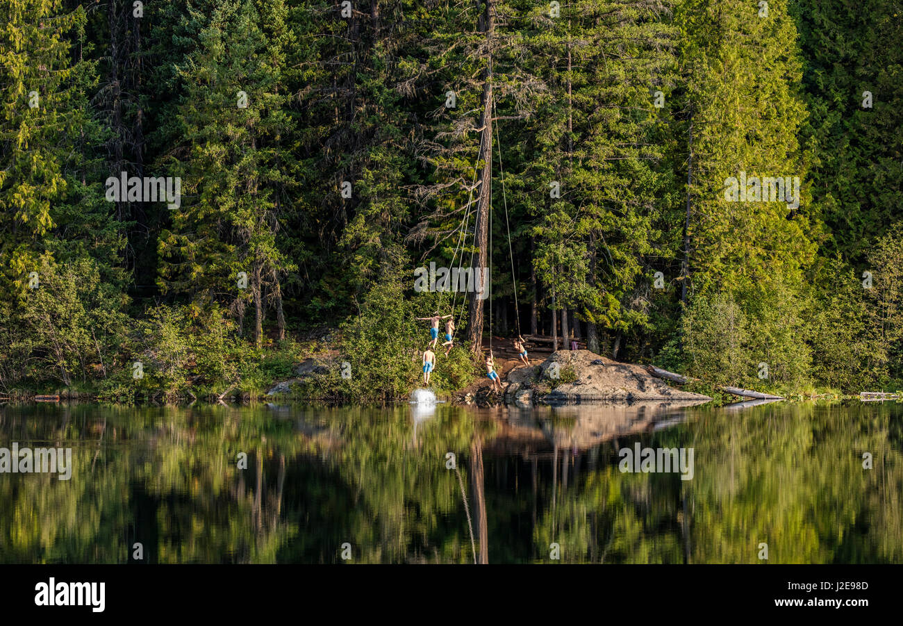 Jumping off a tree rope on a summer day at Champion Lakes Provincial Park, British Columbia, Canada, (MR) (Large format sizes available) Stock Photo