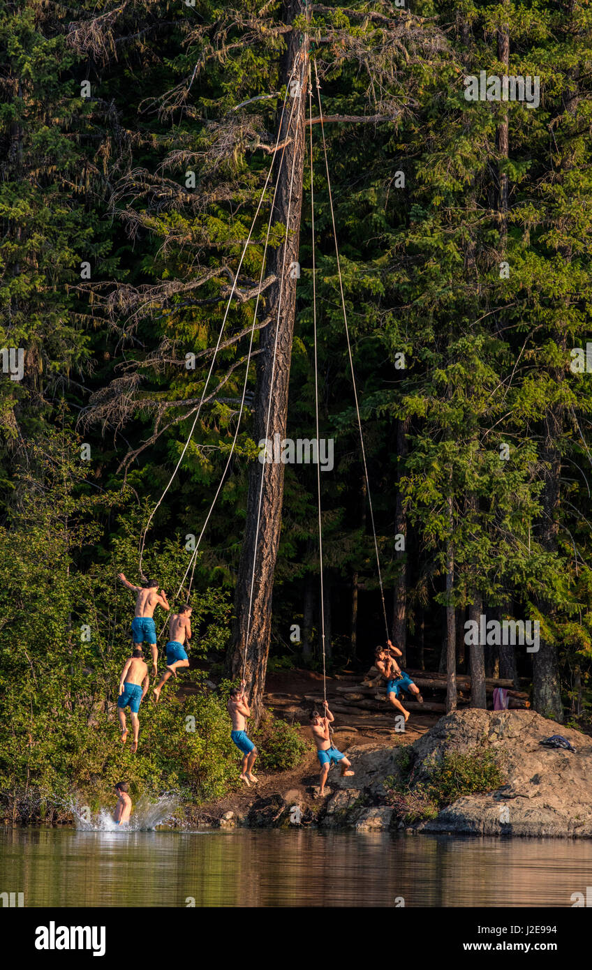 Jumping off a tree rope on a summer day at Champion Lakes Provincial Park, British Columbia, Canada, (MR) (Large format sizes available) Stock Photo