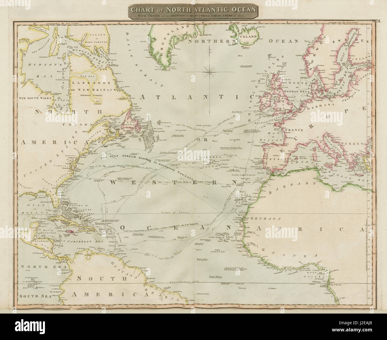 'North Atlantic Ocean' w/ Gulf Stream, Nelson's & trade routes. THOMSON 1817 map Stock Photo