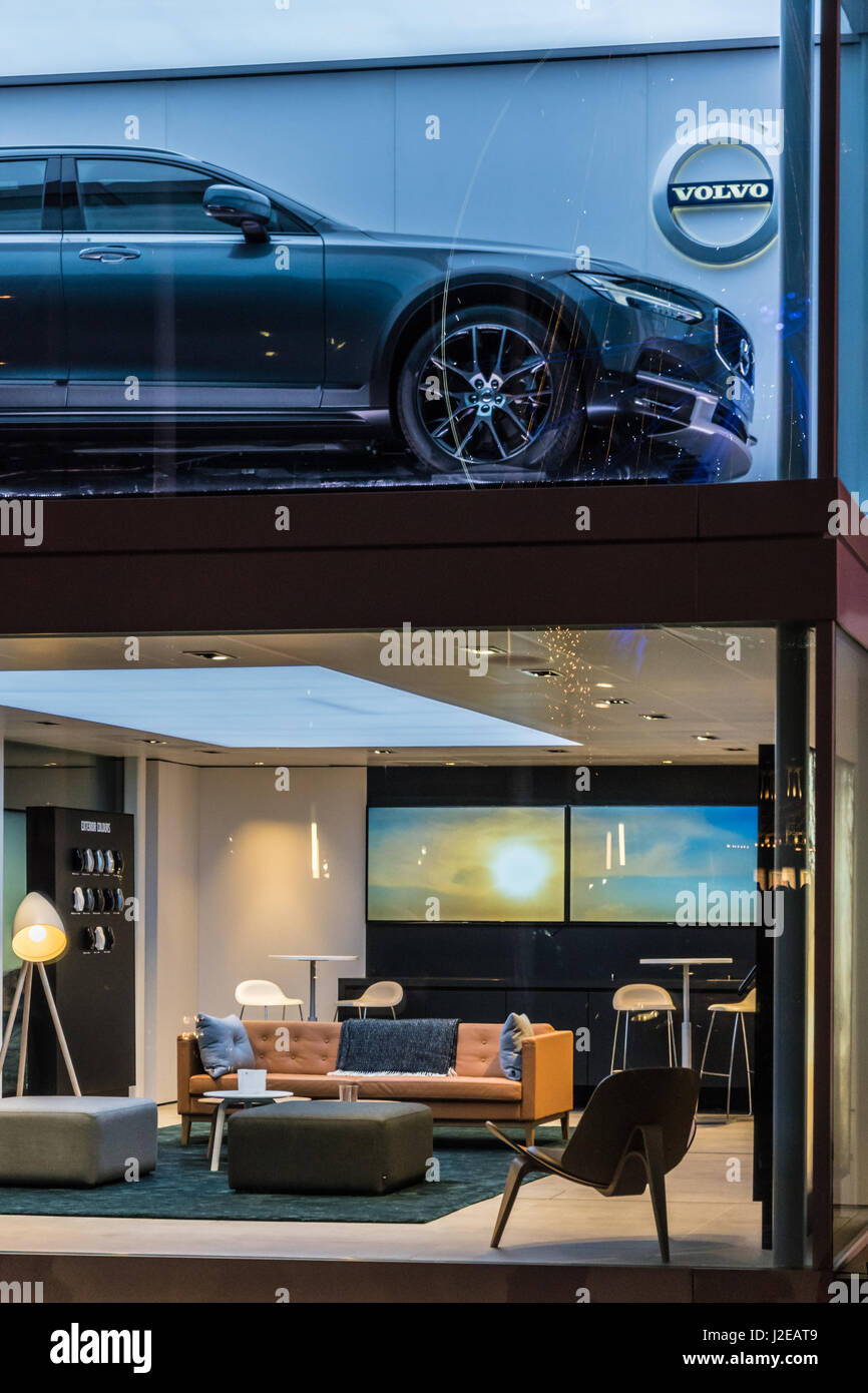 Volvo showroom with car on the upper and stylish furniture and the lower floor Stock Photo