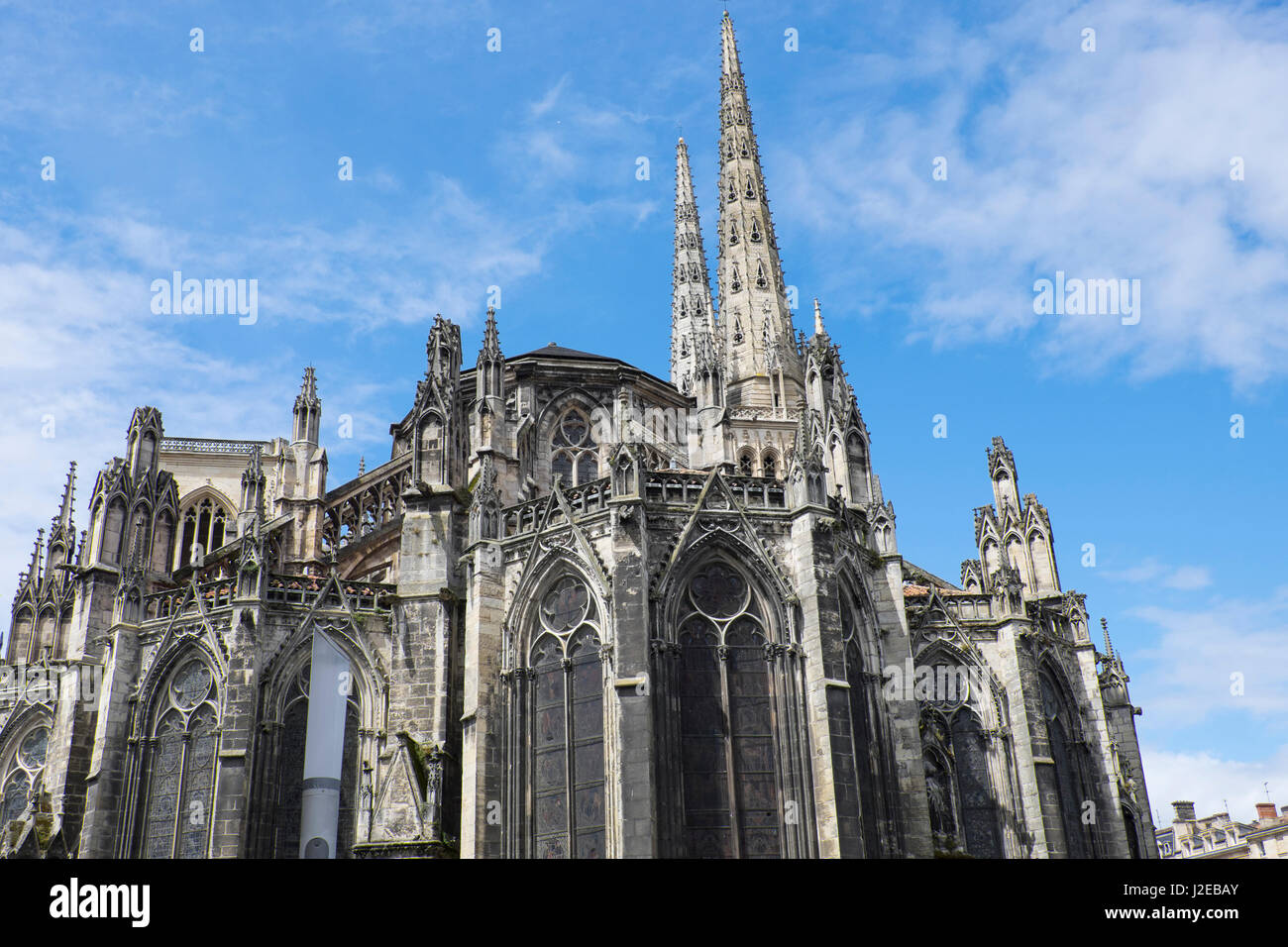 France, exterior of Bordeaux Cathedral or Cathedrale Saint-Andre de Bordeaux.  The cathedral was consecrated by Pope Urban II in 1096. The Royal Gate is  early 13th century, while other construction is from