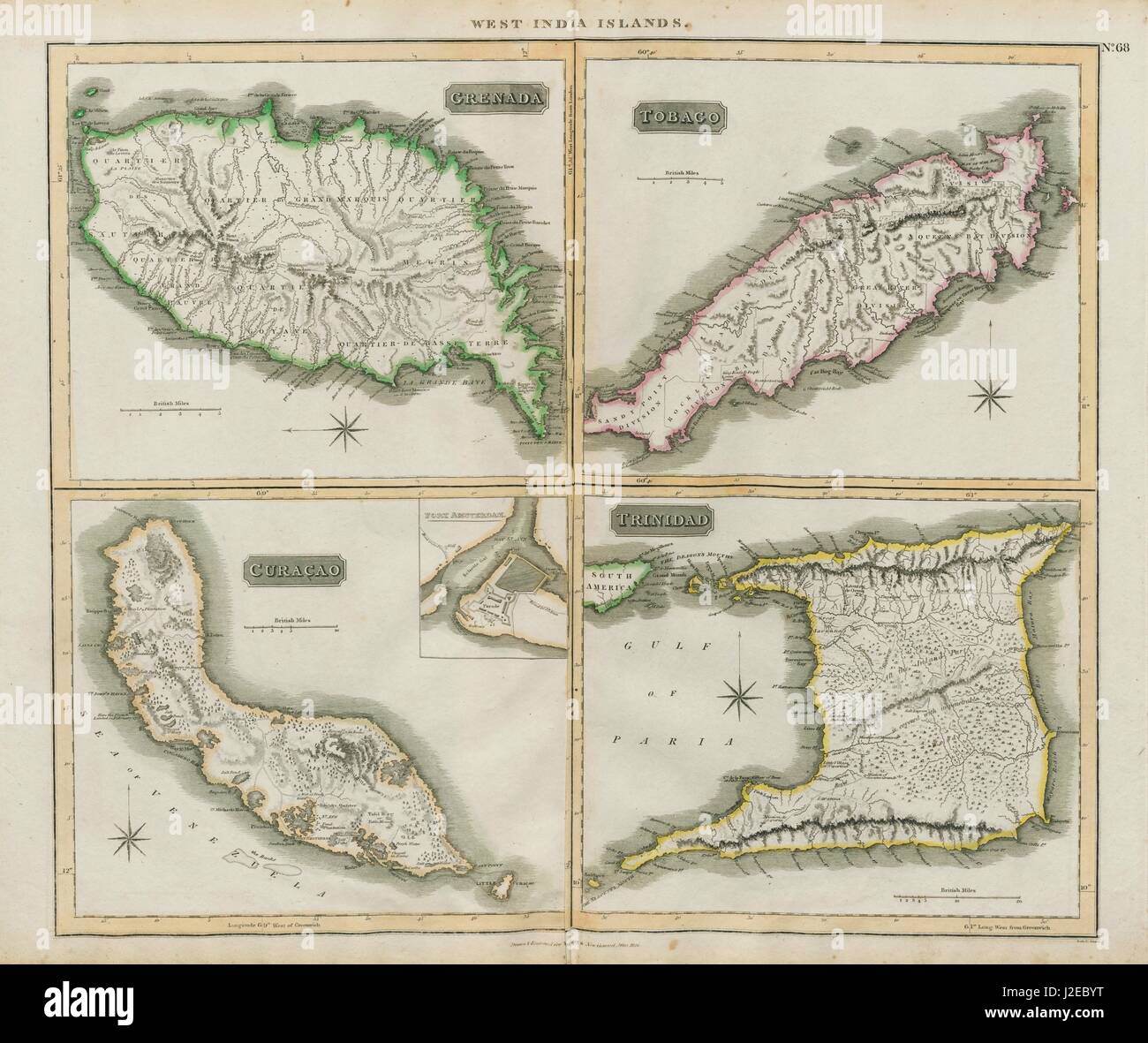 Grenada, Tobago, Trinidad & Curaçao. West Indies Caribbean. THOMSON 1817 map  Stock Photo - Alamy