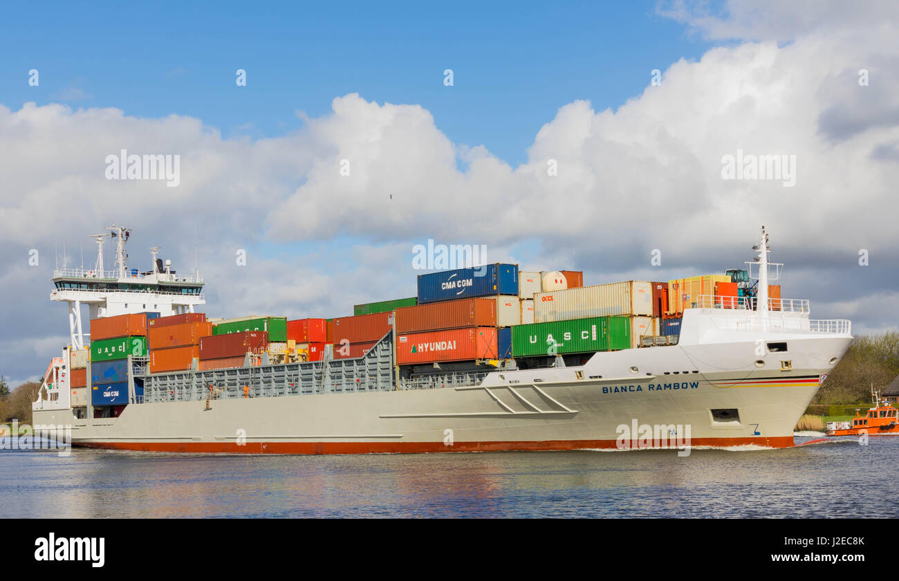 Rendsburg, Germany, April 15, 2017, Container ship 'Bianca Rambow' in the North Sea Baltic Canal Stock Photo