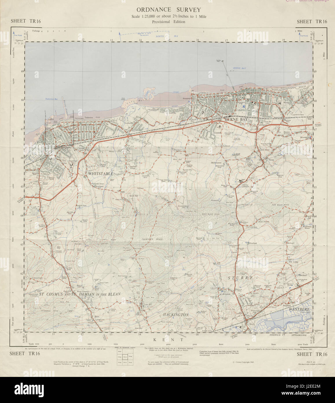 Vintage Ordnance Survey OS map sheet TR16 Whitstable Herne Bay 1960 old