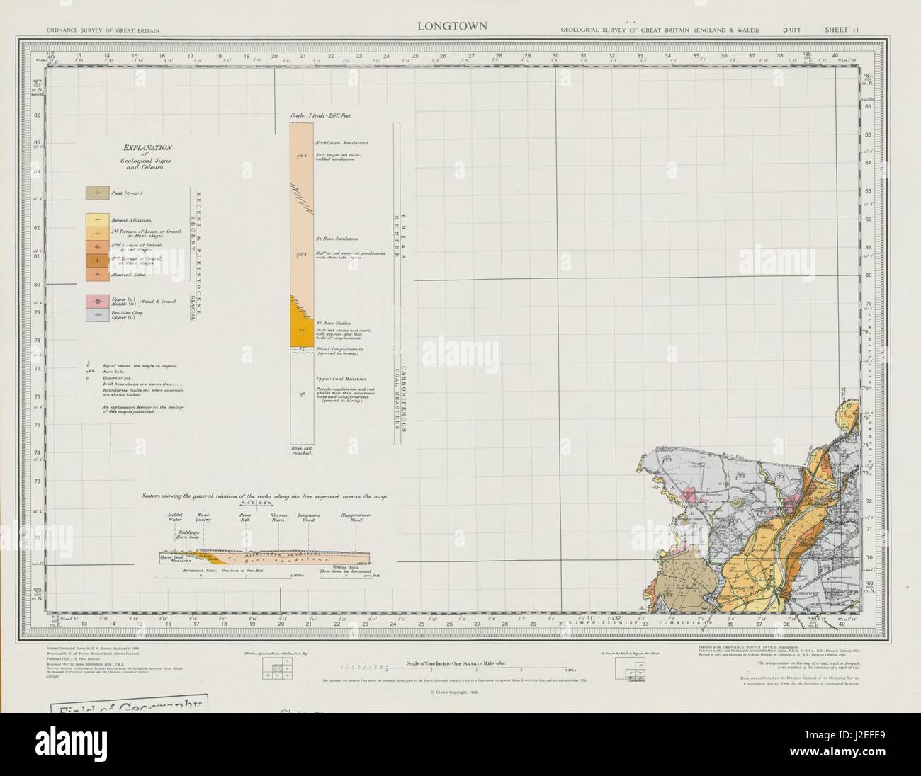 Longtown. Vintage geological survey map. Sheet 11. Cumbria River Esk