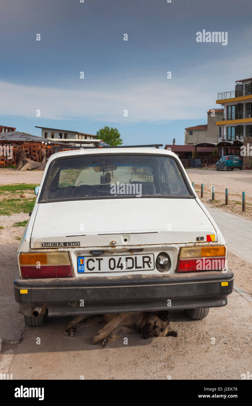Romania, Black Sea Coast, Vama Veche, beach resort on the Bulgarian frontier, Dacia car with sleeping dog Stock Photo