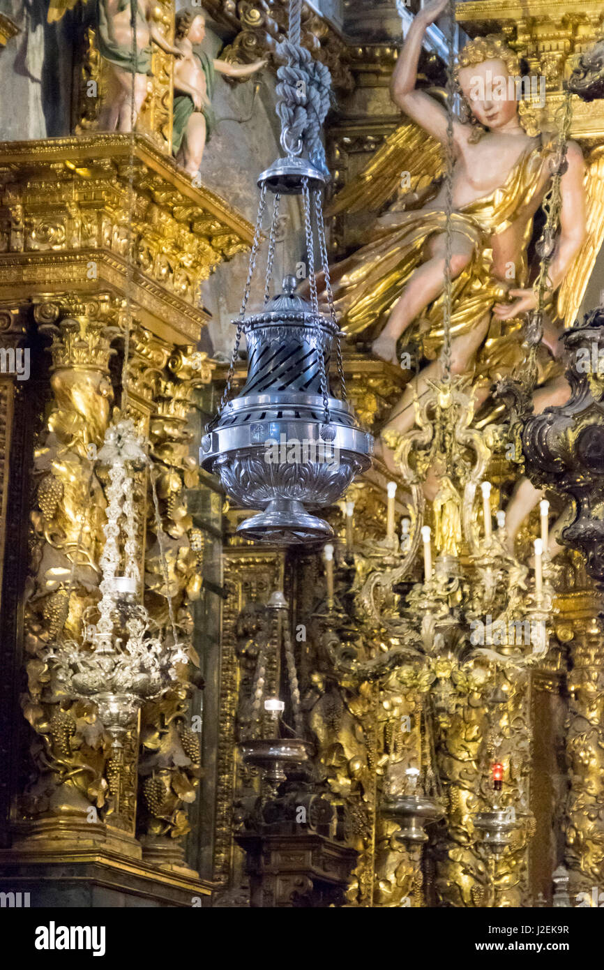 Spain Santiago De Compostela Pilgrimage Cathedral Of Santiago De Compostela And The Way Of Saint James Inside Cathedral Priest Nave And Choir Area Botafumerio Being Readied With Charcoal Incense And Readied To