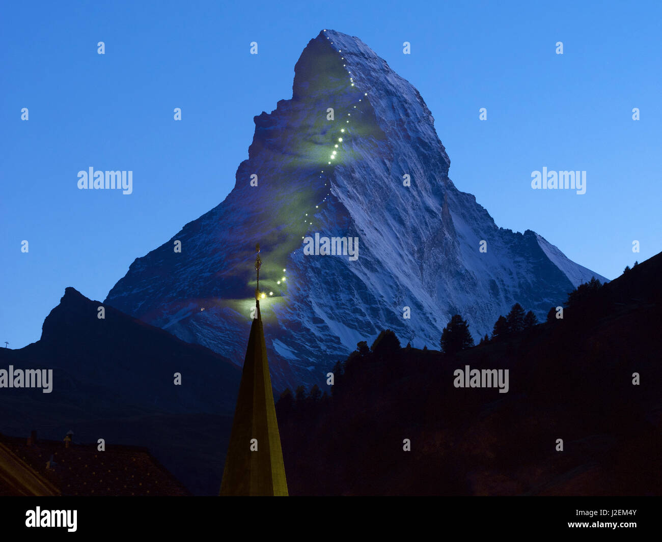 Switzerland, Zermatt, The Matterhorn, Hornli Ridge (Hornligrat) in lights,  original climbing route Stock Photo - Alamy