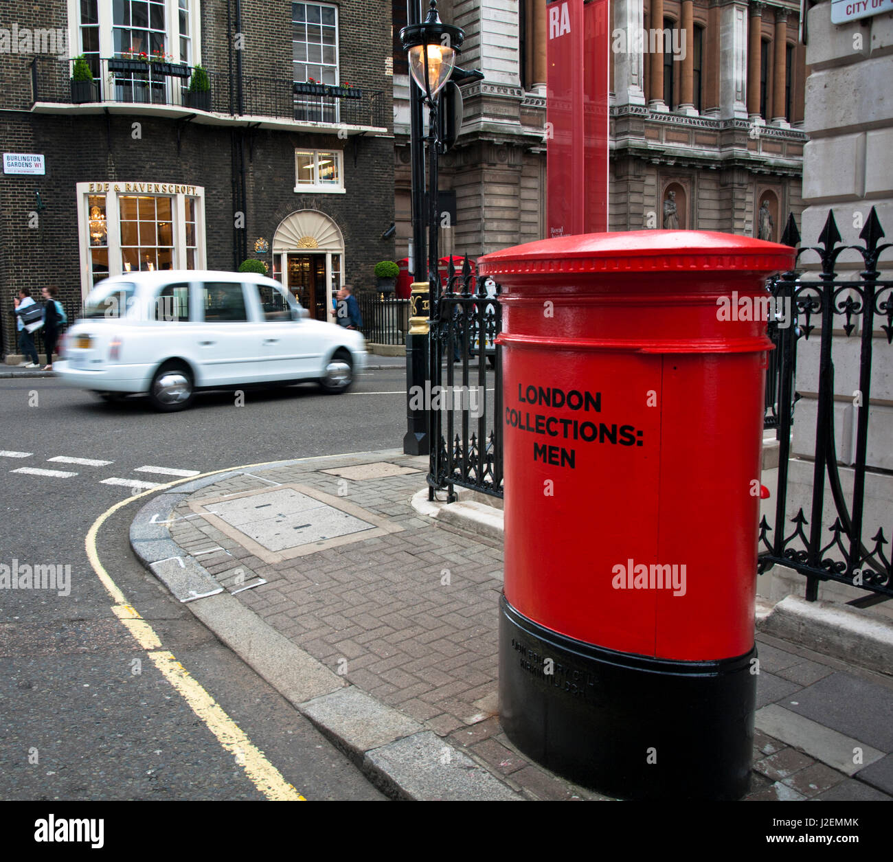 Post Box Map Near Me Europe, United Kingdom, England, Central London, Mayfair, Savile Row.  Iconic Red Postbox Painted To Mark The Launch Of London. Home Of Menswear  Heritage Map, Showing The Royal Academy Of Arts In Background