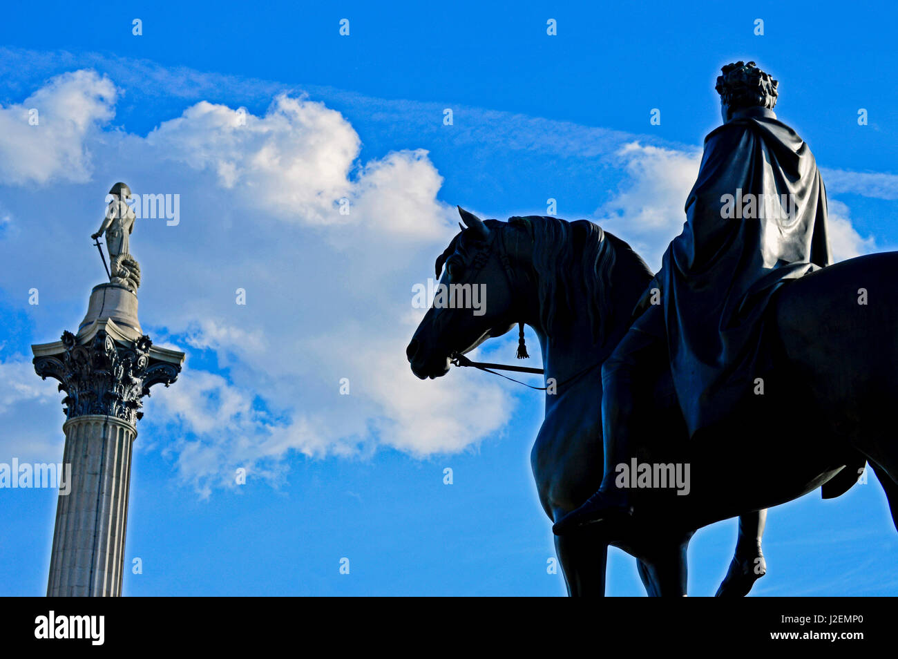 Europe, United Kingdom, England, Central London, City of Westminster. Nelson's Column at Trafalgar Square showing bronze equestrian statue of King George IV by Sir Francis Chantrey. Stock Photo