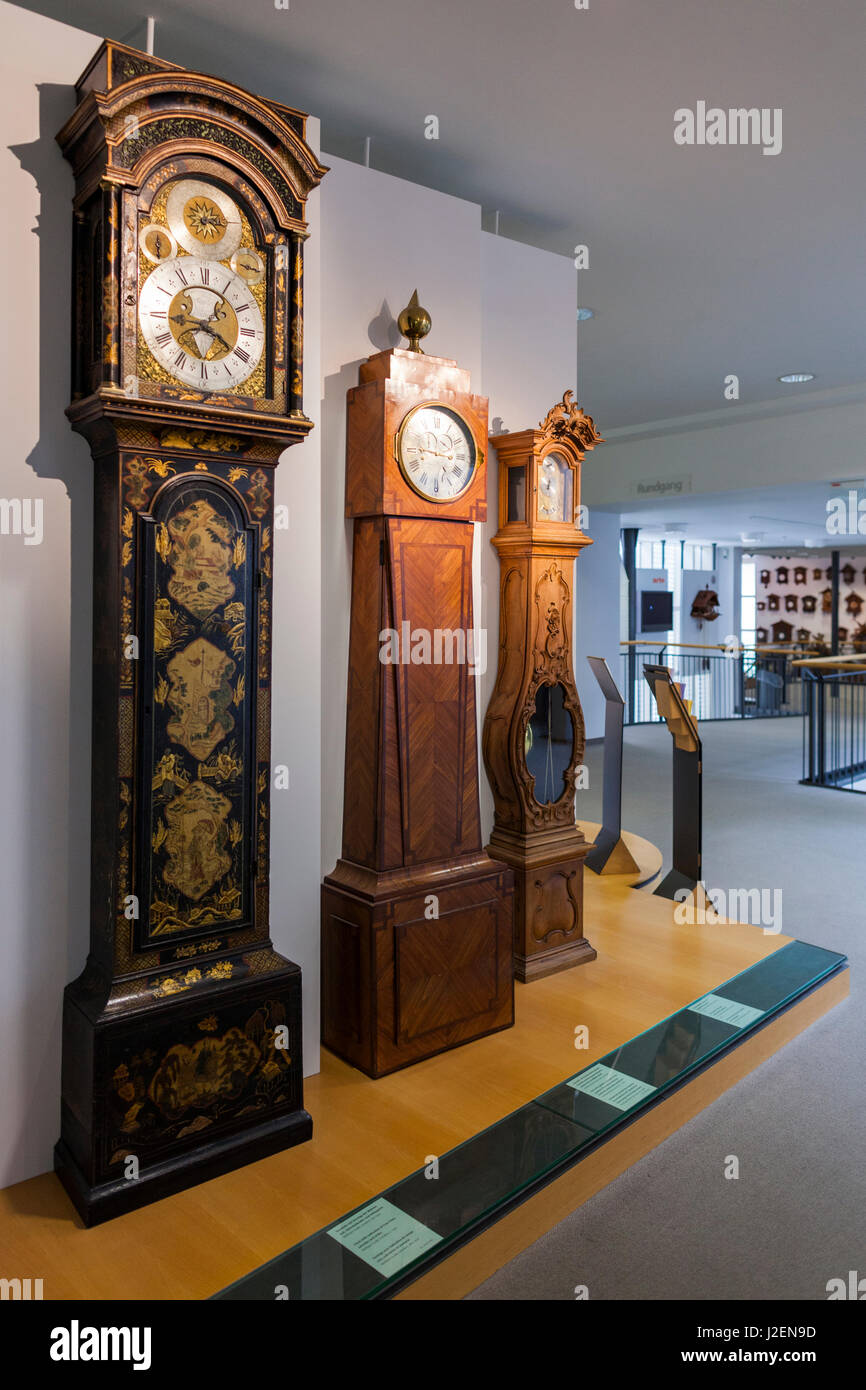 Germany, Baden-Wurttemburg, Black Forest, Furtwangen, German Clock Museum,  display of grandfather clocks Stock Photo - Alamy