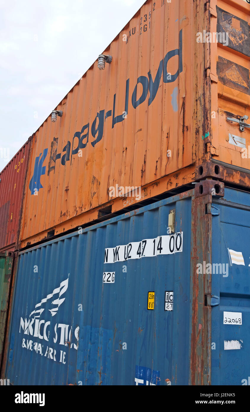 Stackable freight cargo containers in the Port of Cleveland in Cleveland, Ohio, United States Stock Photo