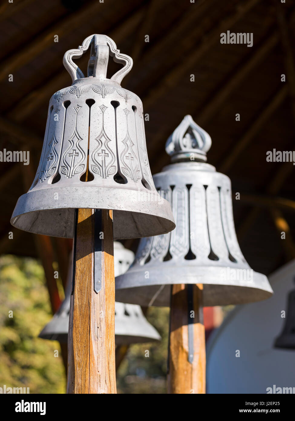 Hajduszoboszlo, the collection of bells, the landmark of the spa town in the Hungarian Puszta. Hungary, November (Large format sizes available) Stock Photo