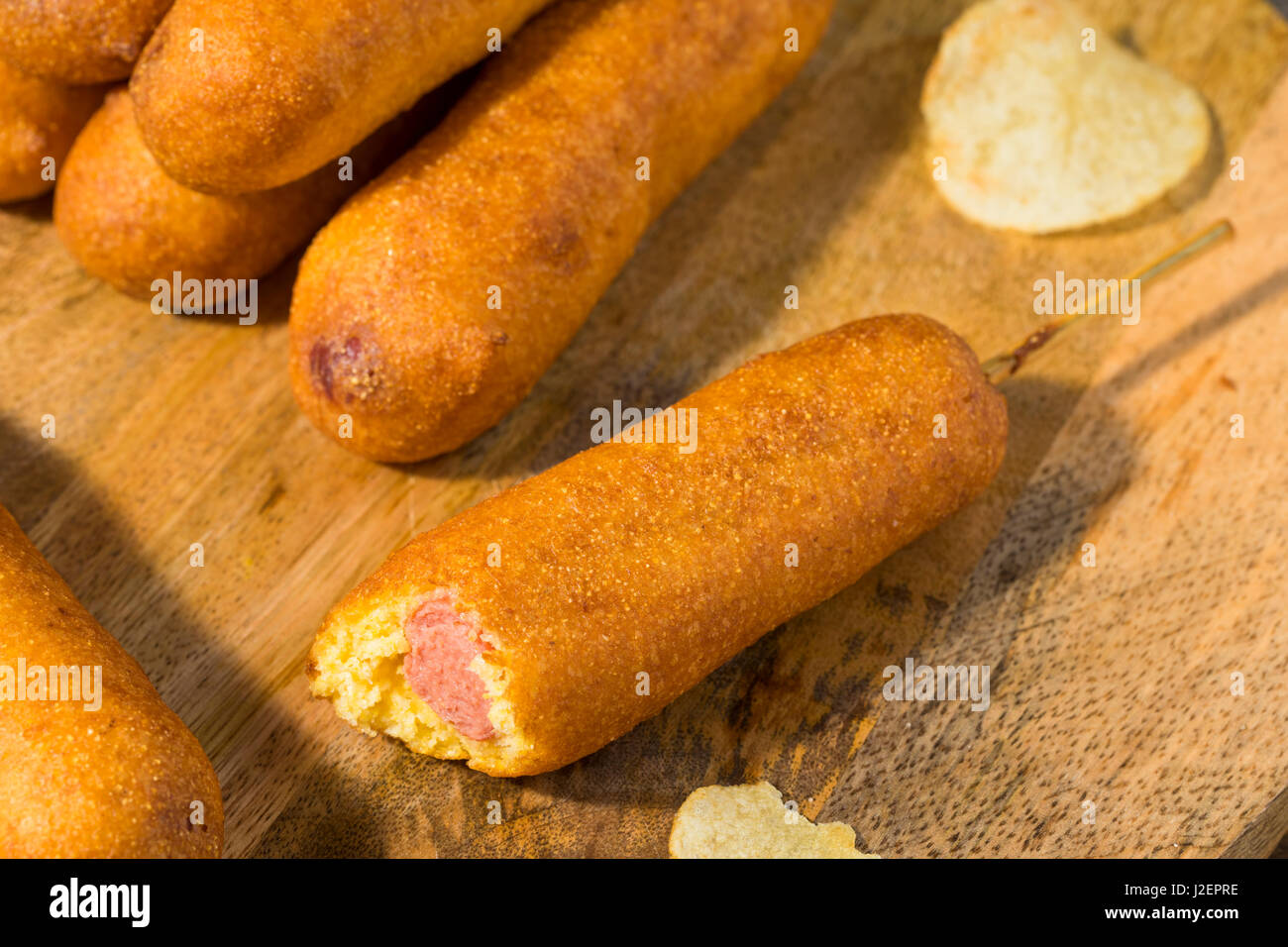 Homemade Deep Fried Corn Dogs with Mustard and Ketchup Stock Photo Alamy