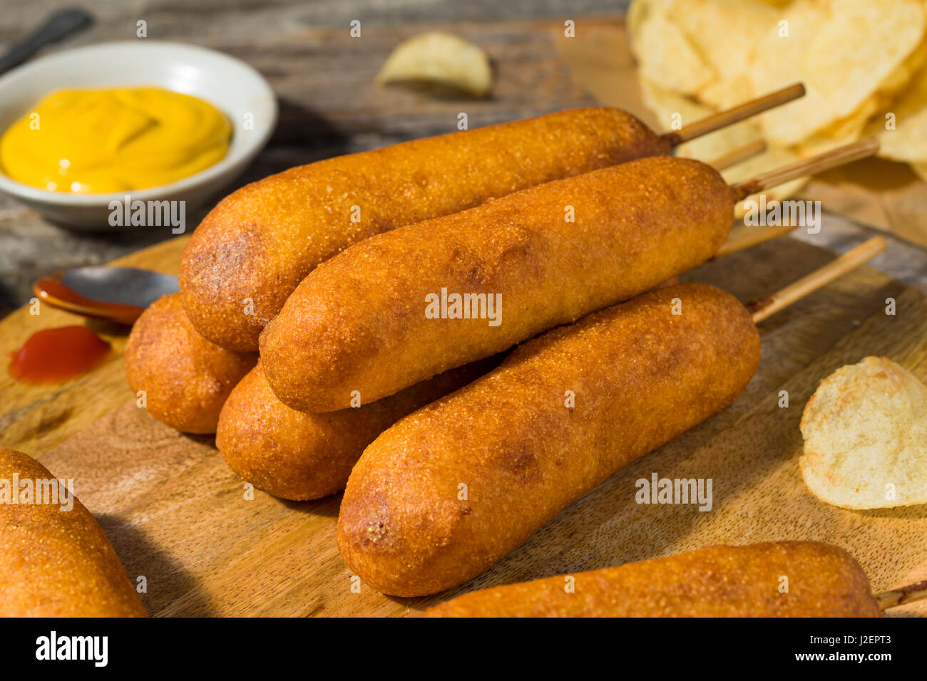 Homemade Deep Fried Corn Dogs with Mustard and Ketchup Stock Photo Alamy