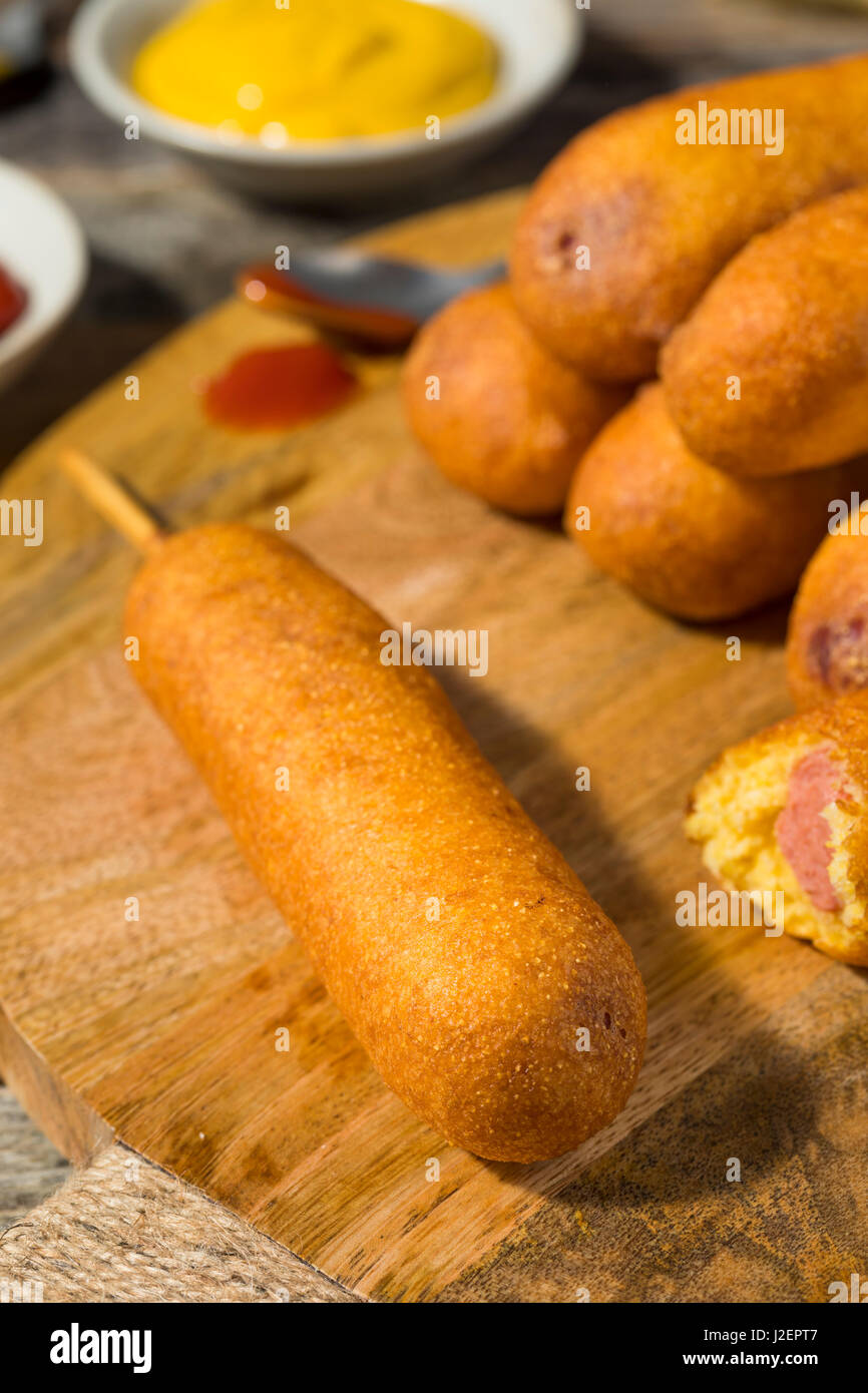 Homemade Deep Fried Corn Dogs with Mustard and Ketchup Stock Photo Alamy